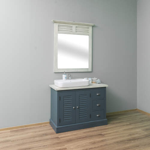 Blauer Waschtisch mit Lamellentüren, inkl. Aufsatzbecken und Spiegel